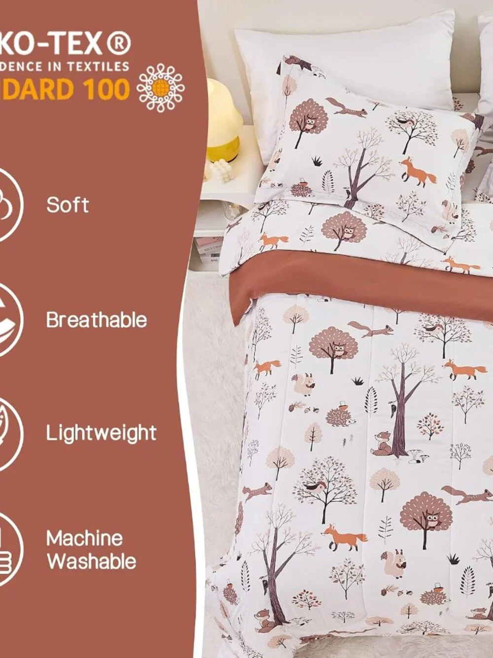 Kids Woodland Comforter Set for Boys Girls Twin Size, Cute Quilted Forest Animal